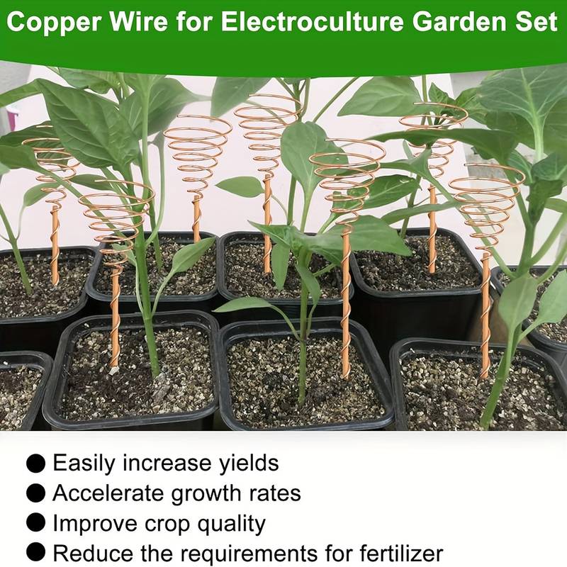Copper wire spiral garden stakes inserted into potted green plants, with a green header reading 'Copper Wire for Electroculture Garden Set' and a white lower section listing benefits.