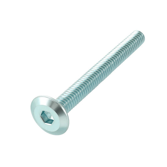 Zinc flat head hex drive screw with specifications on a white background
