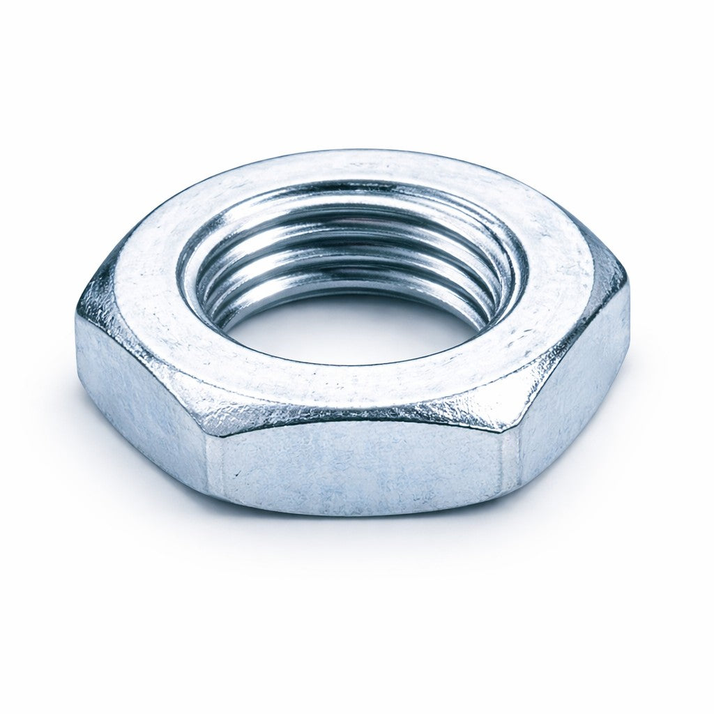 A galvanized steel hex nut with internal threading, shown on a clean white background.