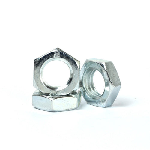 Two silver metal hex nuts with threaded interiors, photographed on a clean white background.