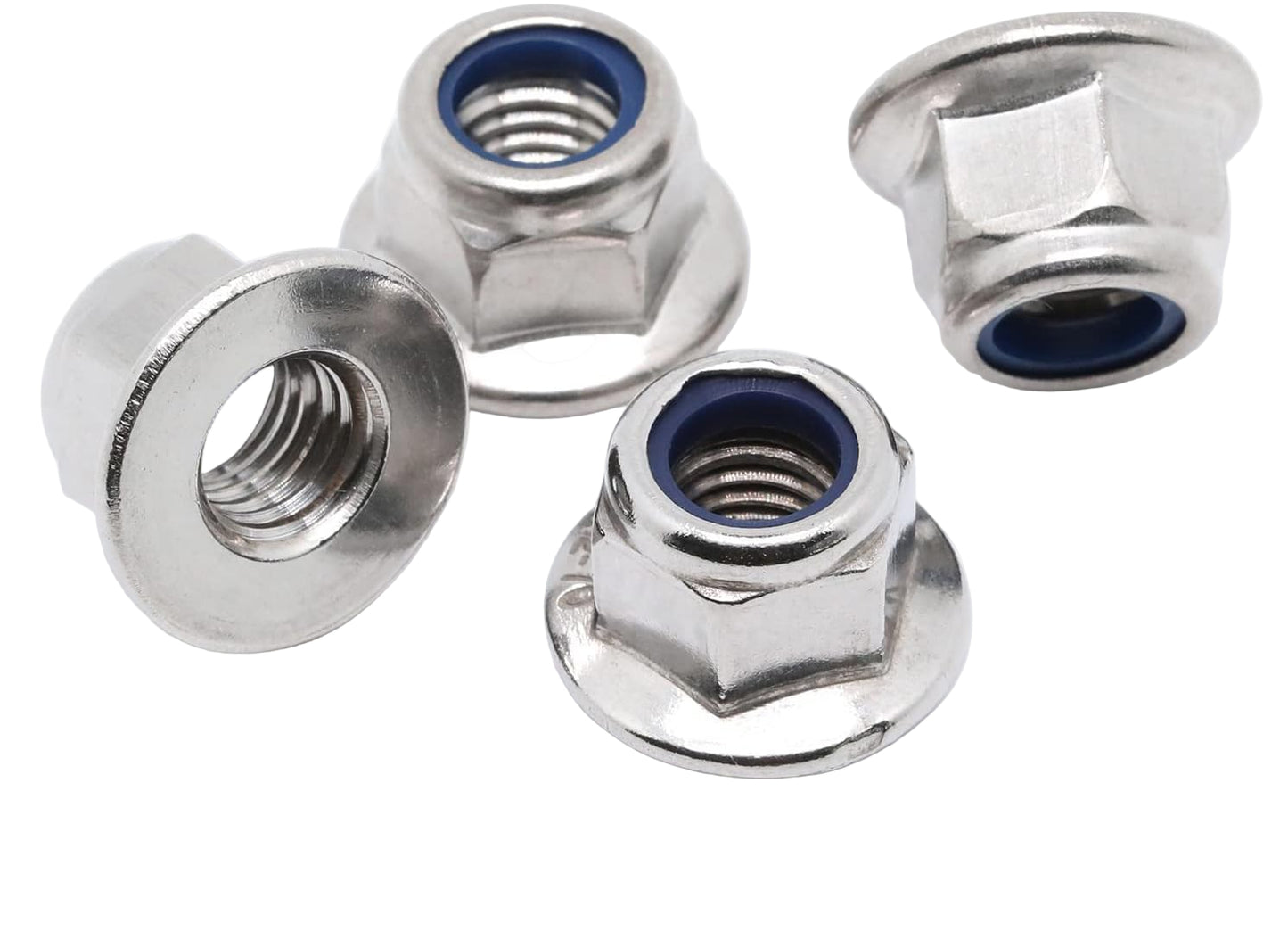 Four metallic nuts with blue washers on a white background