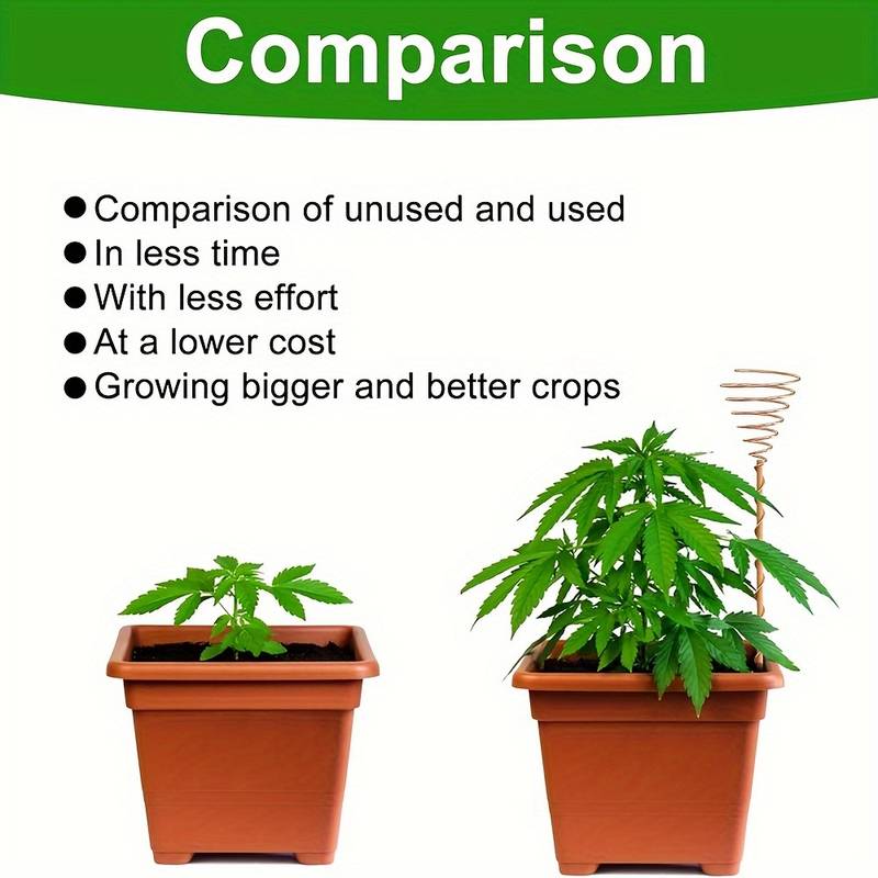 A comparison graphic showing two potted green plants in terracotta-colored square pots on a white background, with a green banner at the top reading 'Comparison' and bullet points about using unused versus used pots, less time, less effort, lower cost, and bigger/better crops.