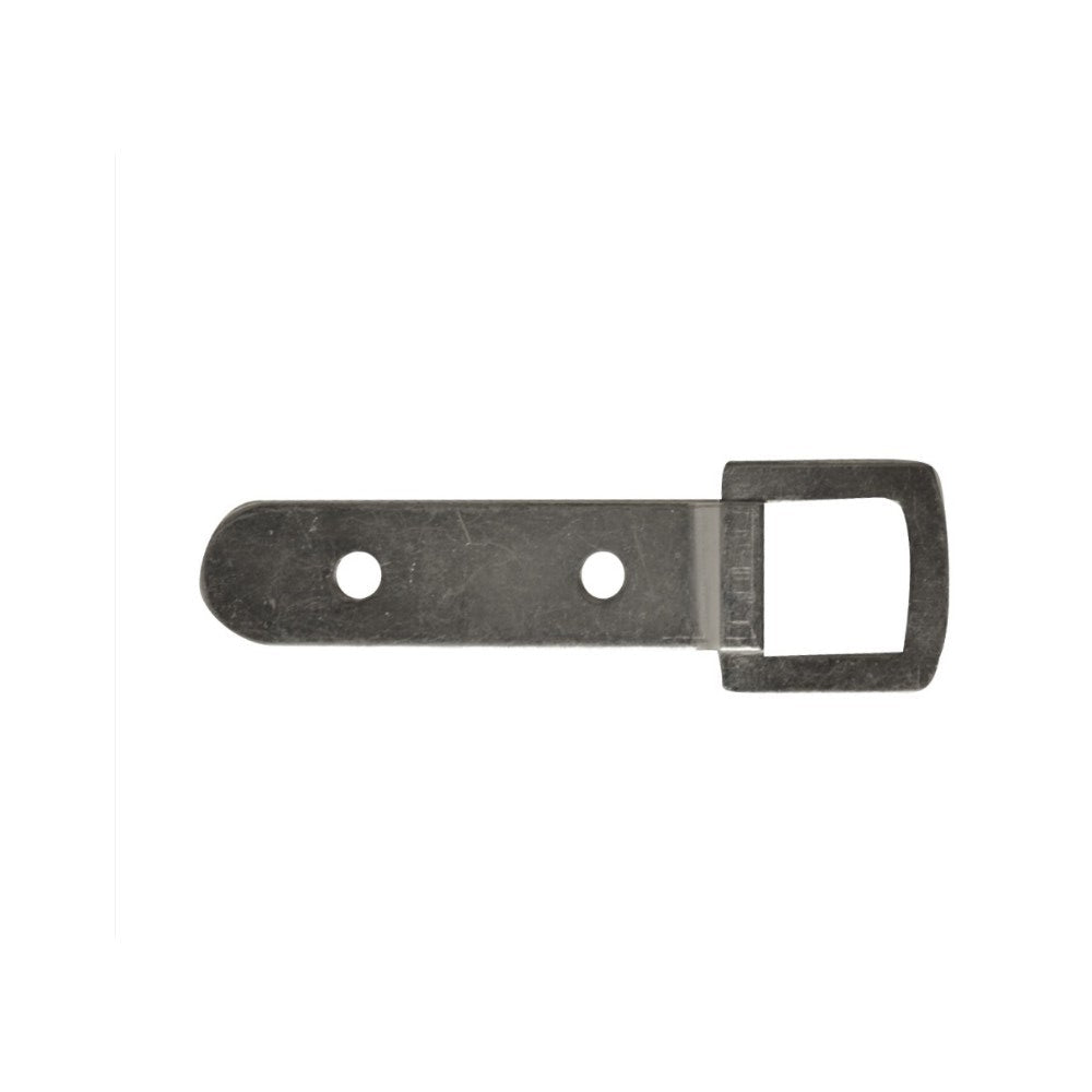 A dark metal hardware component, likely a bracket or mounting plate with a rectangular cutout at the top and two circular holes, shown against a plain white background.