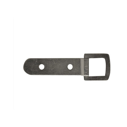 A dark metal hardware component, likely a bracket or mounting plate with a rectangular cutout at the top and two circular holes, shown against a plain white background.