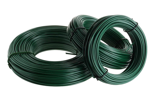 Two coiled green wires on a white background